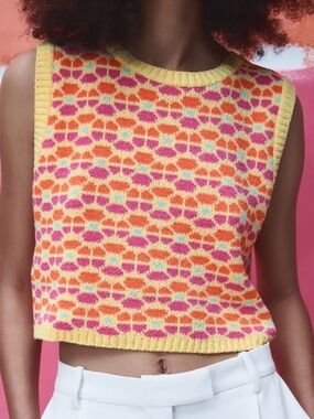 Zara Retro Floral Knit Sleeveless Tank Cropped Vest Festival Hippie Chic Medium